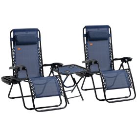 Outsunny Zero Gravity Lounger Chair Set of 3, Folding Reclining Patio Chair, Side Table, Cup Holder, Headrest, Blue, Poolside & Camping