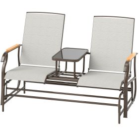 Outsunny Outdoor 2-Person Glider Bench, Outside Glider Swing Chair Loveseat with Table, Steel Frame, Cream White