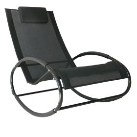 Outsunny Patio Rocking Chair, Outdoor Chaise Lounger with Headrest Pillow and Breathable Fabric for Backyard, Living Room, Deck and Poolside, Black
