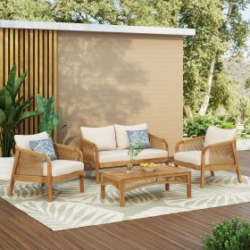 4-Pieces Acacia Wood Patio Furniture Set, Outdoor Furniture with Coffee Table, Patio Conversation Set Deep Seating with Soft Cushion