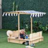 Outsunny Covered Wooden Sandbox with Adjustable Canopy, Convertible Bench Seat, and Backrests, Bottom Liner, Natural Blue