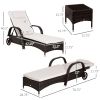 Outsunny 3-Piece Wicker Lounge Chair Set, Outdoor Loungers with Armrests, Cushion & Headrest, Side Table & Wheels, Brown