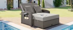 TOPMAX PE Wicker Rattan Double Chaise Lounge, 2-Person Reclining Daybed with Adjustable Back and Cushions, Free Furniture Protection Cover