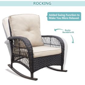 Outdoor Wicker Rocking Chair; Patio Rattan Rocker Chair with Soft Cushions and Steel Frame; Khaki (Color: Khaki)