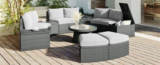 TOPMAX 10-Piece Outdoor Sectional Half Round Patio Rattan Sofa Set, PE Wicker Conversation Furniture Set for Free Combination, Light Gray (Color: as Pic)