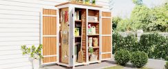[Video Provided] TOPMAX Outdoor 5.5ft Hx4.1ft L Wood Storage Shed, Garden Tool Cabinet with Waterproof Asphalt Roof, Four Lockable Doors