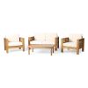 Teak Acacia Wood Loveseat and Coffee Table Set with Cream Cushions