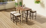 GO 5-Piece Outdoor Acacia Wood Bar Height Table And Four Stools With Cushions, Garden PE Rattan Wicker Dining Table, Foldable Tabletop